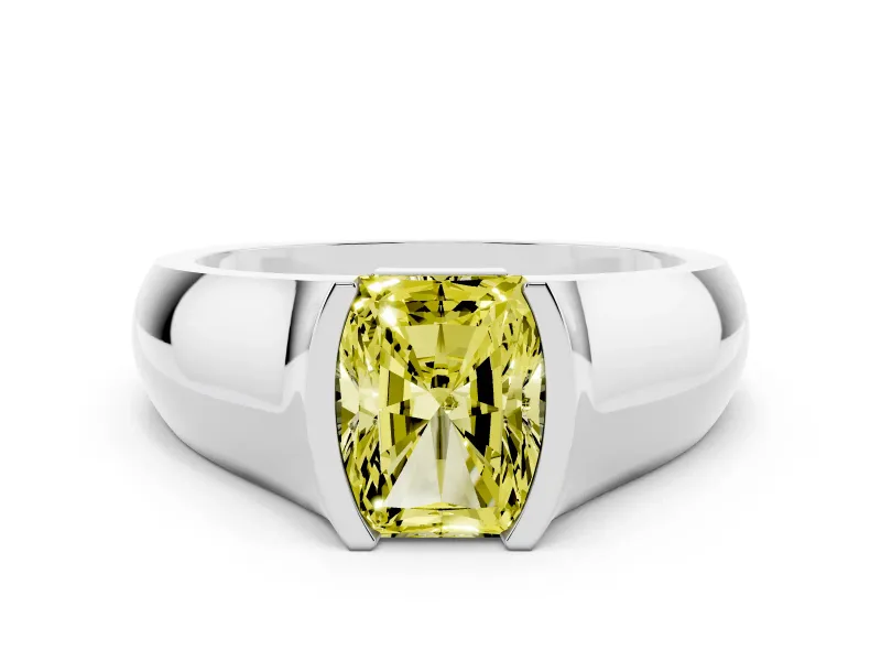 Fancy Yellow Radiant Cut Diamond Bezel Solitaire Ring Set in White gold with Wide Band