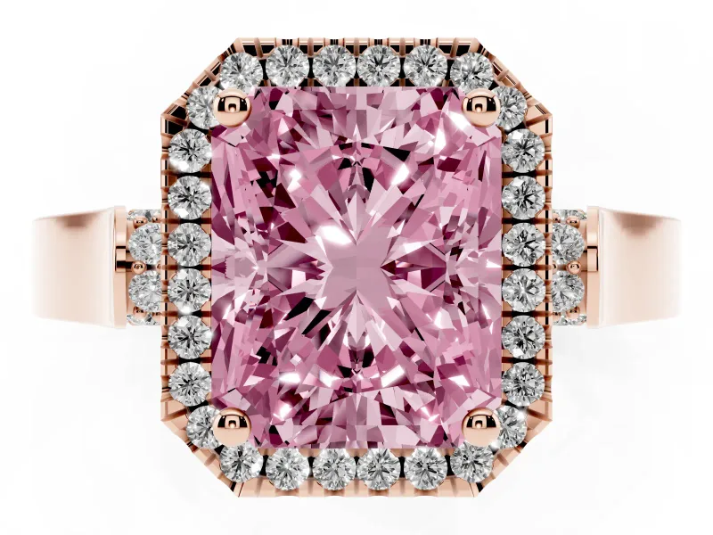 Fancy Pink Radiant Cut Diamond Halo Ring Set in Rose gold with Pavé-Lined Split Shank Band