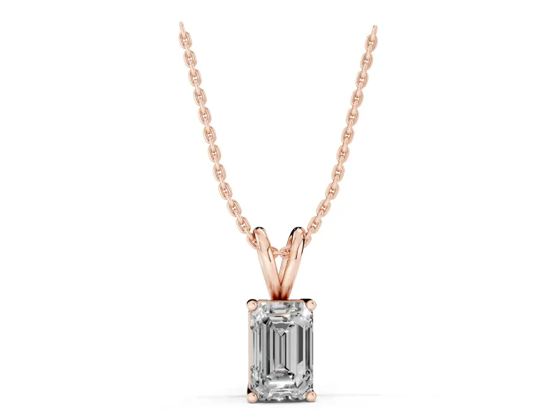 Emerald Cut Lab-Grown Diamond Solitaire Pendant Necklace | Corner Claw Prongs | Rose Gold