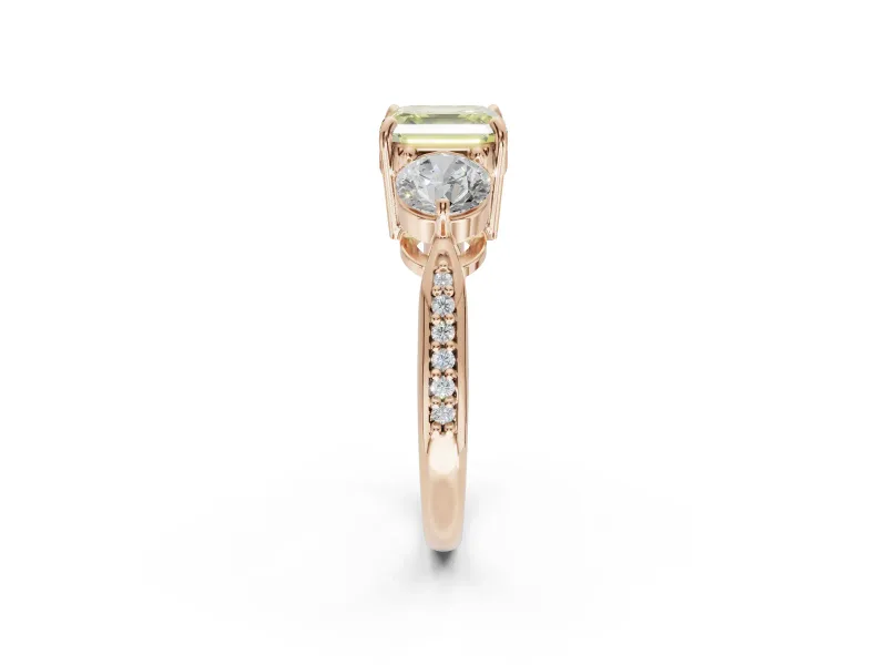 Asscher Cut Three Stone Engagement Ring Setting for a Fancy Yellow Lab-Grown Diamond | Tapered Pave Band | Rose Gold