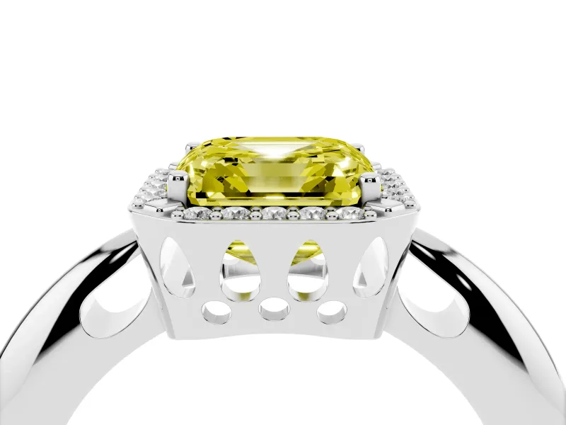Fancy Yellow Asscher Cut Diamond Halo Engagement Ring Set in White gold with Plain Split Shank and Prong Setting