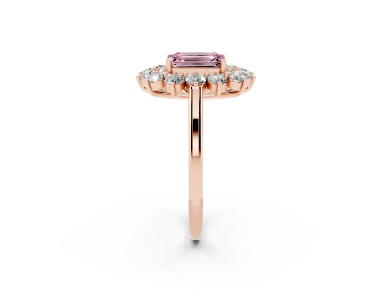 Emerald Cut Floral Double Halo Engagement Ring Setting for a Fancy Pink Lab-Grown Diamond | Plain Band | Rose Gold