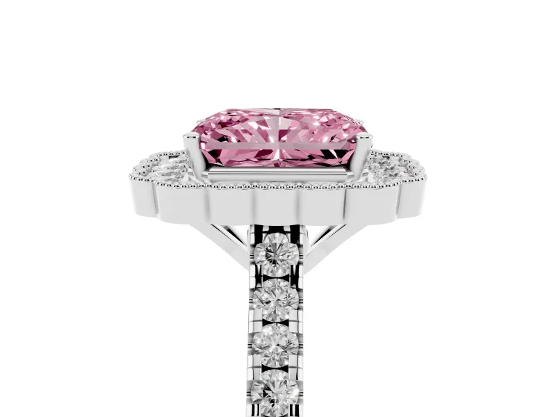 Fancy Pink Radiant Cut Diamond Milgrain Floral Halo Engagement Ring Set in Silver with Pavé Band
