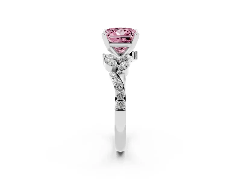 Princess Cut Floral Engagement Ring Setting for a Fancy Pink Lab-Grown Diamond | Marquise Side Stones | White Gold