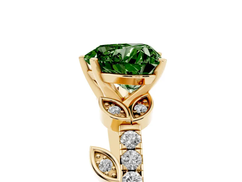Fancy Green Heart Cut Diamond Solitaire Leaf-Inspired Ring Set in Yellow gold with Pavé Band and Prong Setting