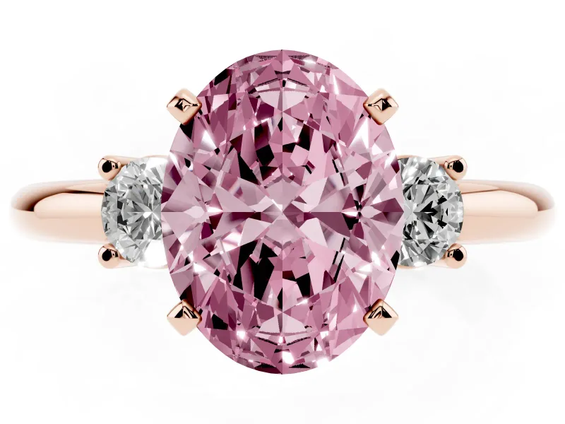 Oval Three Stone Engagement Ring Setting for a Fancy Pink Lab-Grown Diamond | Round Side Stones | Rose Gold