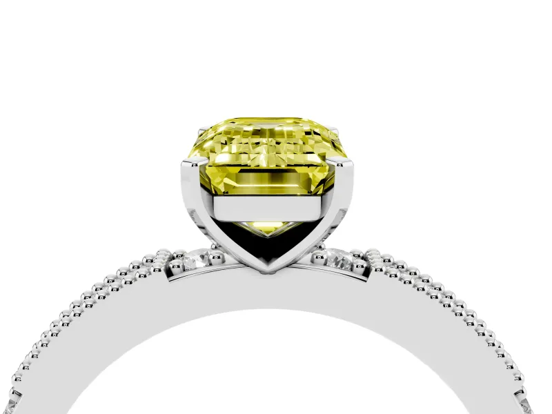Fancy Yellow Emerald Cut Diamond Solitaire Ring Set in Silver with Slim Pavé Band and Prong Setting