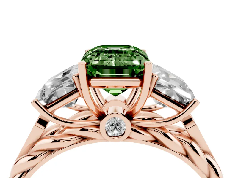Fancy Green Emerald Cut Diamond Three-Stone Ring Set in Rose gold with Braided Band