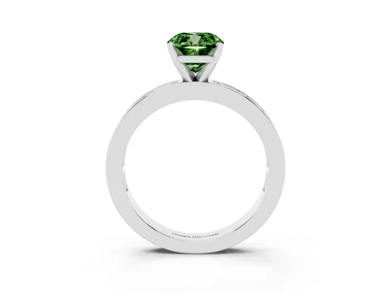 Fancy Green Cushion Cut Diamond Solitaire Ring Set in White gold with Channel-Set Baguette Band and Prong Setting