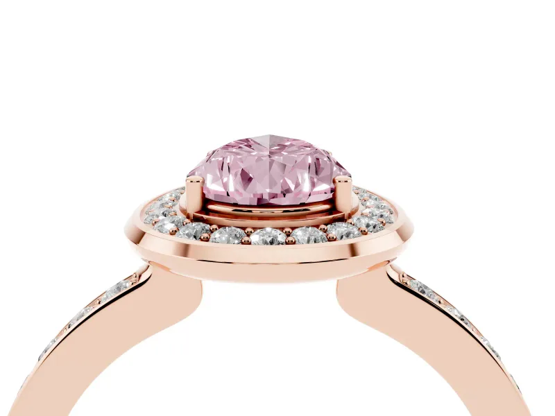 Fancy Pink Pear Cut Diamond Halo Ring Set in Rose gold with Bezel Frame and Pavé Band