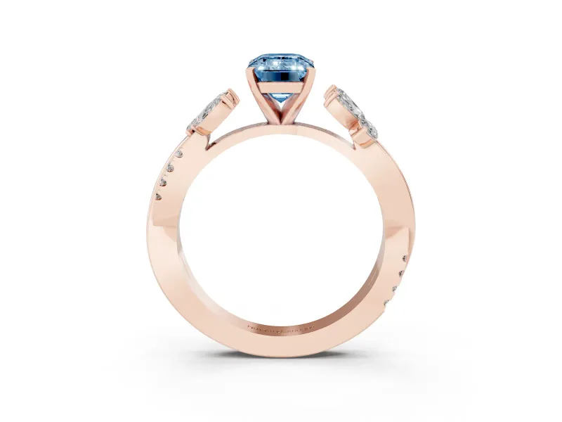 Fancy Blue Emerald Cut Diamond Floral Vine Solitaire Engagement Ring Set in Rose gold with Marquise Leaves