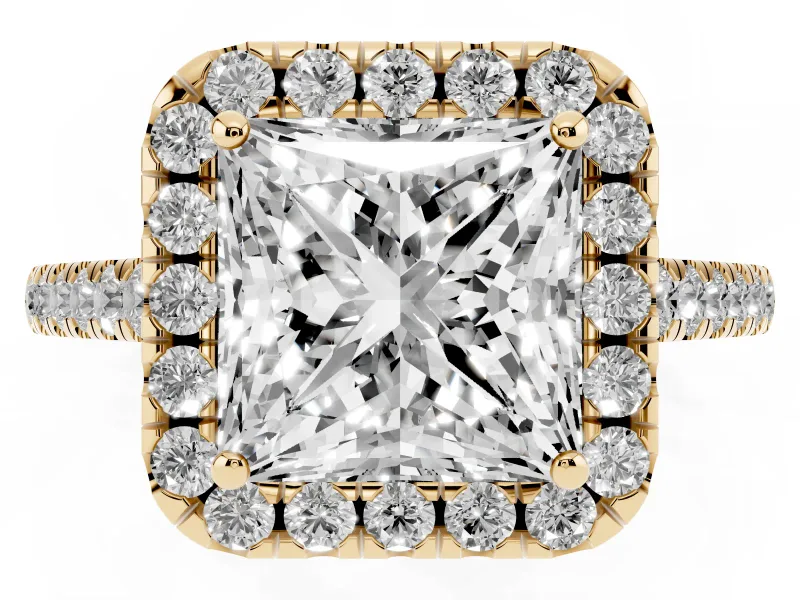 Princess Cut Halo Engagement Ring Setting | Pave Shoulders | Yellow Gold