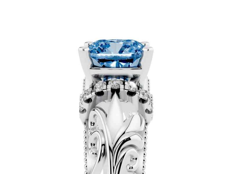 Fancy Blue Cushion Cut Diamond Filigree Halo Engagement Ring Set in White gold with Prong Setting