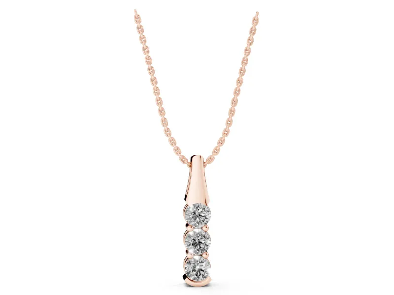 Round Lab-Grown Diamond Three-Stone Vertical Pendant Necklace | Tapered Bail | Rose Gold