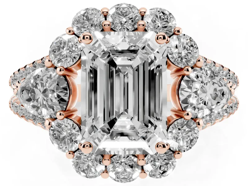 Emerald Cut Scalloped Halo Engagement Ring Setting | Pear Side Stones | Rose Gold
