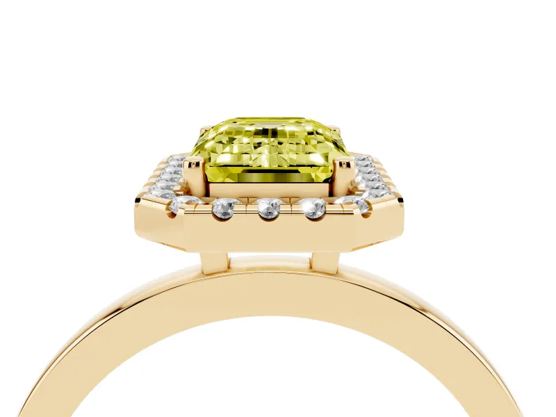 Emerald Cut Thin Halo Engagement Ring Setting for a Fancy Yellow Lab-Grown Diamond | Plain Polished Band | Yellow Gold