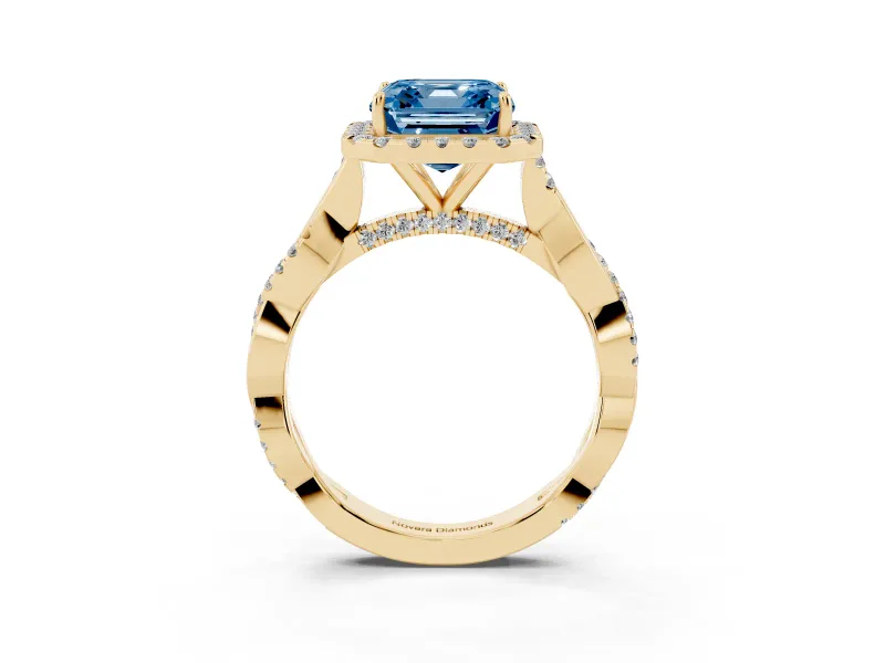 Asscher Cut Twist Halo Engagement Ring Setting for a Fancy Blue Lab-Grown Diamond | Yellow Gold