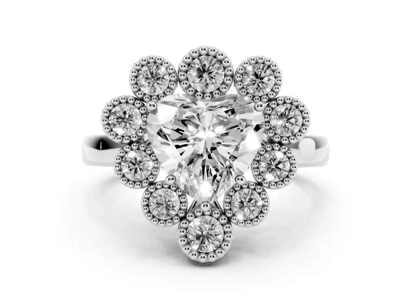 Heart Cut Diamond Cluster Halo Ring Set in Silver with Milgrain Bezel Accents and Plain Band