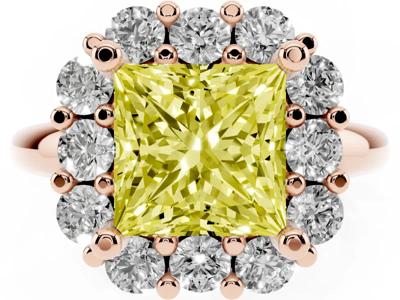 Princess Cut Cluster Halo Engagement Ring Setting for a Fancy Yellow Lab-Grown Diamond | Large Round Accents | Rose Gold