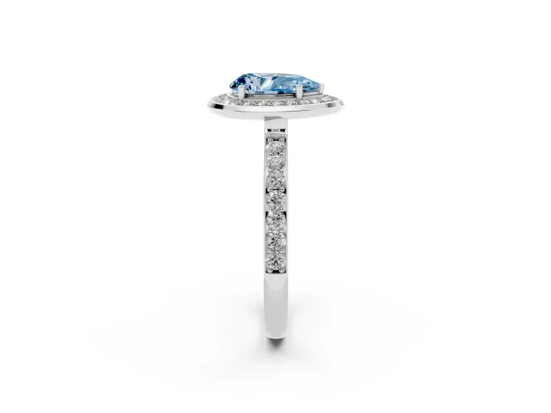 Pear-Shaped Bezel-Rim Halo Engagement Ring Setting for a Fancy Blue Lab-Grown Diamond | Pave Band | White Gold