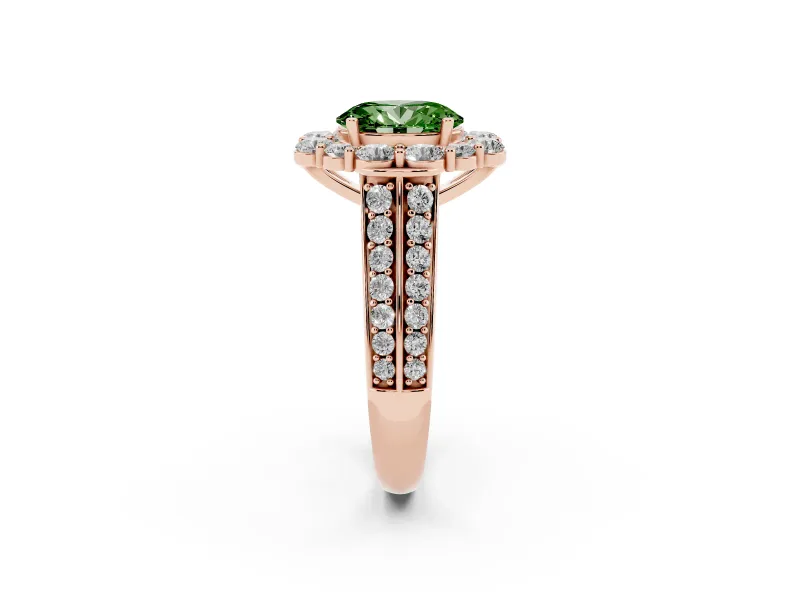 Fancy Green Oval Cut Diamond Halo Engagement Ring Set in Rose gold with Split Shank and Prong Setting