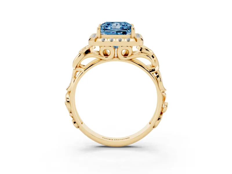Fancy Blue Princess Cut Diamond Halo Ring Set in Yellow gold with Scrollwork Band and Prong Setting