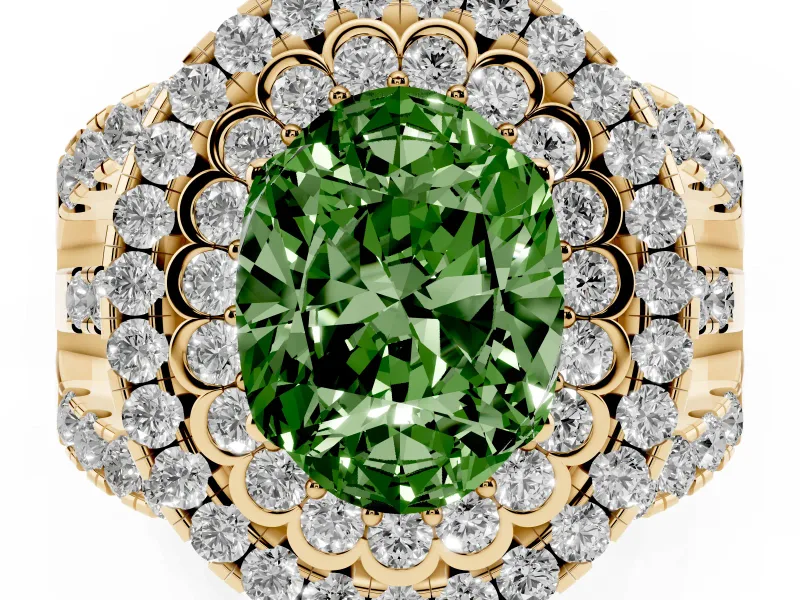 Oval Double Halo Split Shank Engagement Ring Setting for a Fancy Green Lab-Grown Diamond | Pave Strands | Yellow Gold