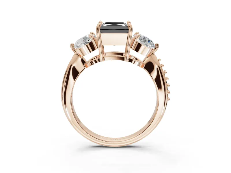 Princess Cut Three Stone Engagement Ring Setting for a Black Center | Tapered Pavé Band | Rose Gold