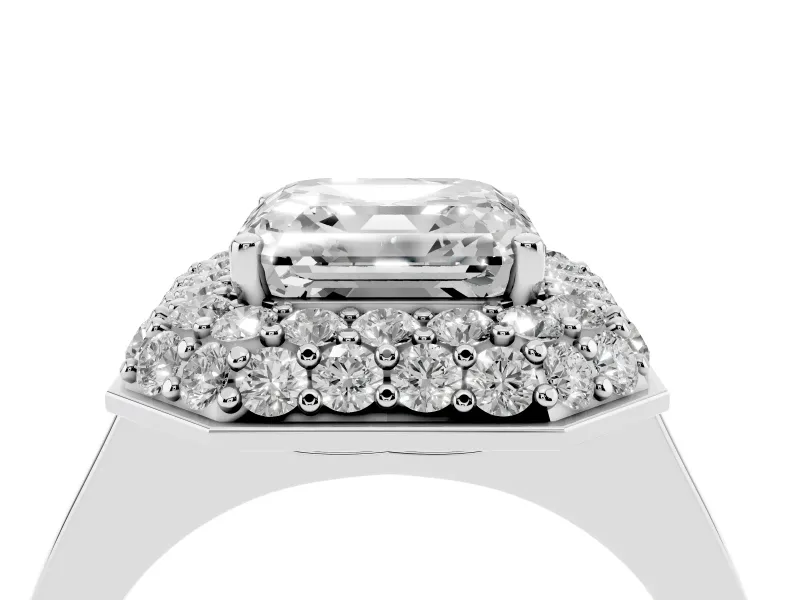 Asscher Cut Pave Halo Engagement Ring Setting | Slim Plain Band | Sterling Silver