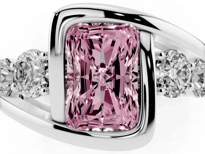 Fancy Pink Radiant Cut Diamond Bezel Bypass Ring Set in Silver with Round Accents