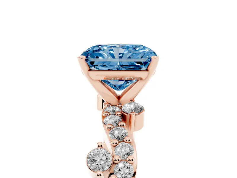 Fancy Blue Radiant Cut Diamond Solitaire Twisted Band Set in Rose gold with Pavé Setting