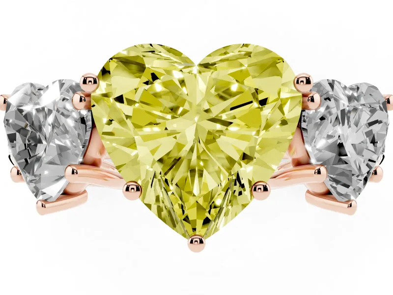 Fancy Yellow Heart Cut Diamond Three-Stone Ring Set in Rose gold with Pavé Band