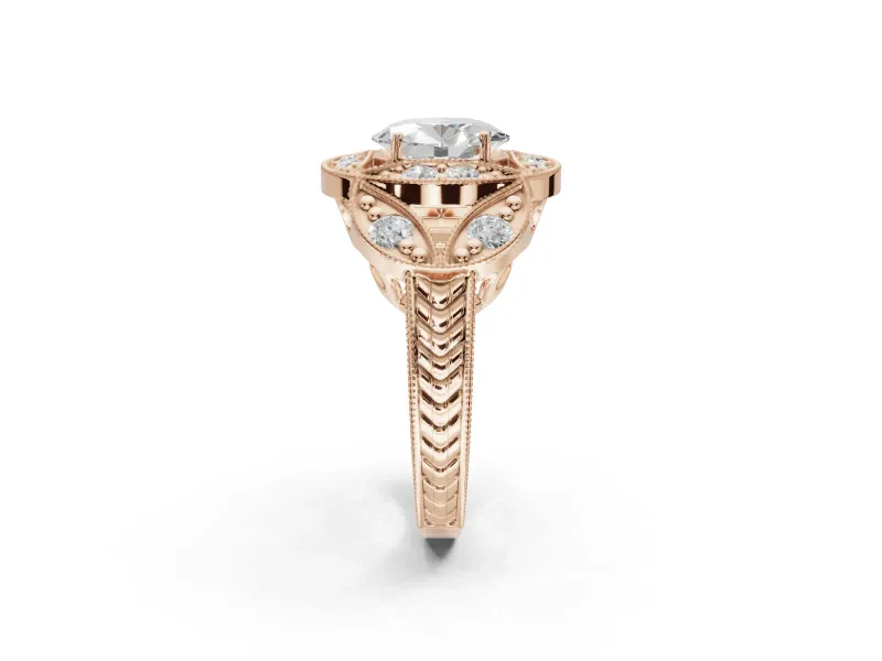 Heart-Shaped Vintage Floral Halo Engagement Ring Setting | Engraved Milgrain Band | Rose Gold