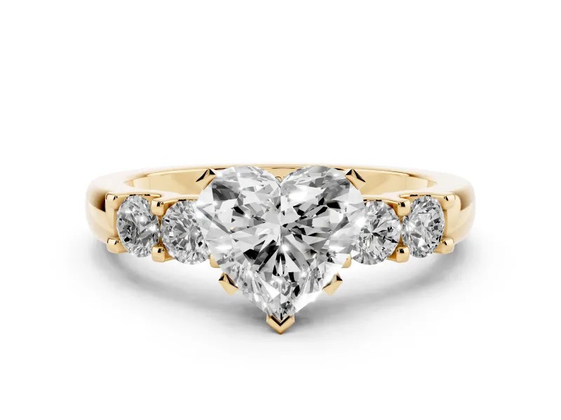 Heart Cut Diamond Five-Stone Prong Set Engagement Ring Set in Yellow gold with Channel Band