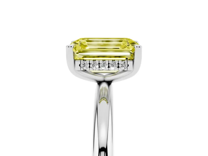 Fancy Yellow Emerald Cut Diamond Solitaire Engagement Ring Set in Platinum with Prong Setting and Polished Band