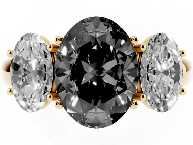 Fancy Black Oval Cut Diamond Three-Stone Ring Set in Yellow gold with Bold Center and Classic Band