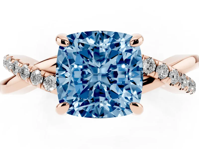 Fancy Blue Cushion Cut Diamond Twist Band Solitaire Set in Rose gold with Pavé Accents and Prong Setting