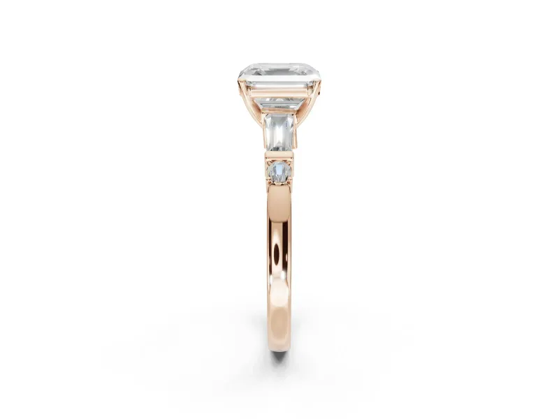 Asscher Cut Tapered Baguette Engagement Ring Setting | Bar Set Sides | Rose Gold