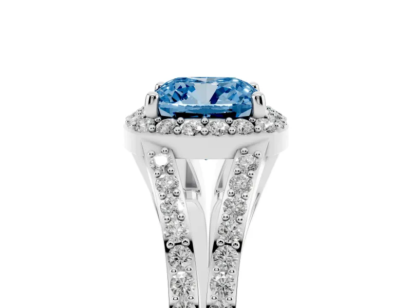 Cushion Cut Split Shank Halo Engagement Ring Setting for a Fancy Blue Lab-Grown Diamond | Platinum