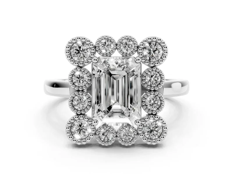 Emerald Cut Diamond Cluster Halo Ring Set in Platinum with Milgrain Bezel Accents and Plain Band