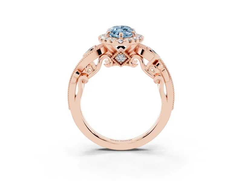 Fancy Blue Marquise Cut Diamond Halo Ring Set in Rose gold with Milgrain Pavé Band and Prong Setting