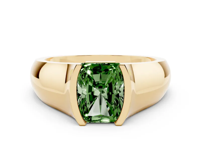 Fancy Green Radiant Cut Diamond Bezel Solitaire Ring Set in Yellow gold with Wide Band