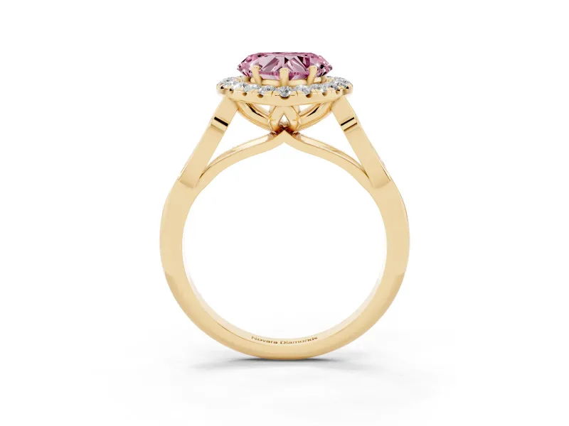Heart-Shaped Halo Engagement Ring Setting for a Fancy Pink Lab-Grown Diamond | Filigree Shoulders | Yellow Gold