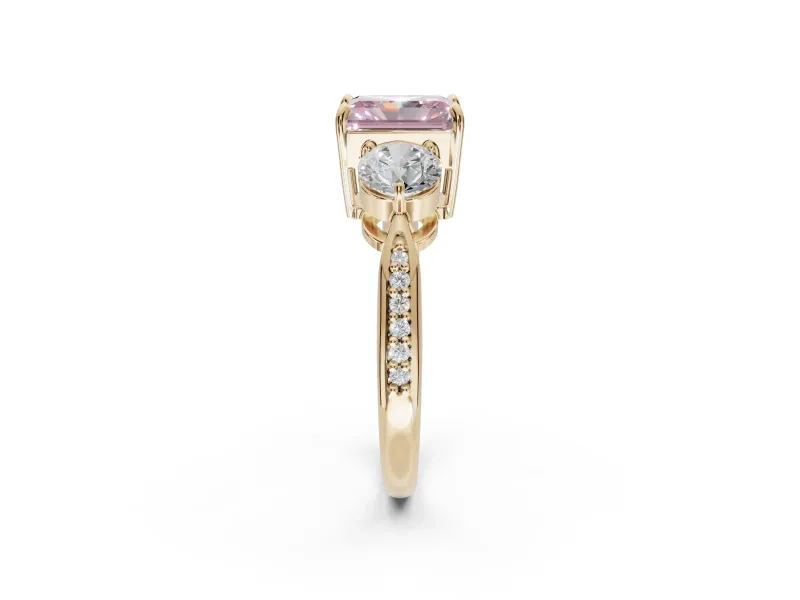 Radiant Cut Three Stone Engagement Ring Setting for a Fancy Pink Lab-Grown Diamond | Tapered Pave Band | Yellow Gold