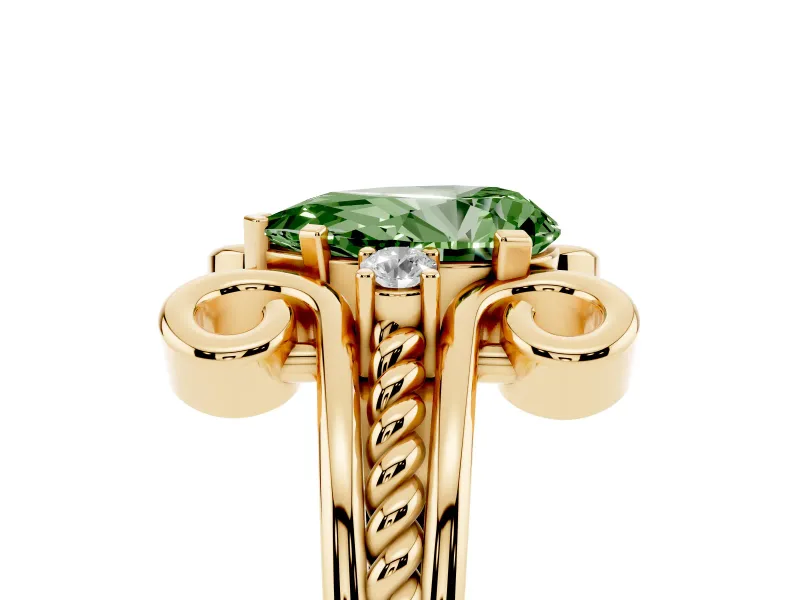 Fancy Green Pear Cut Diamond Twisted Band Solitaire Ring Set in Yellow gold with Scroll Prongs