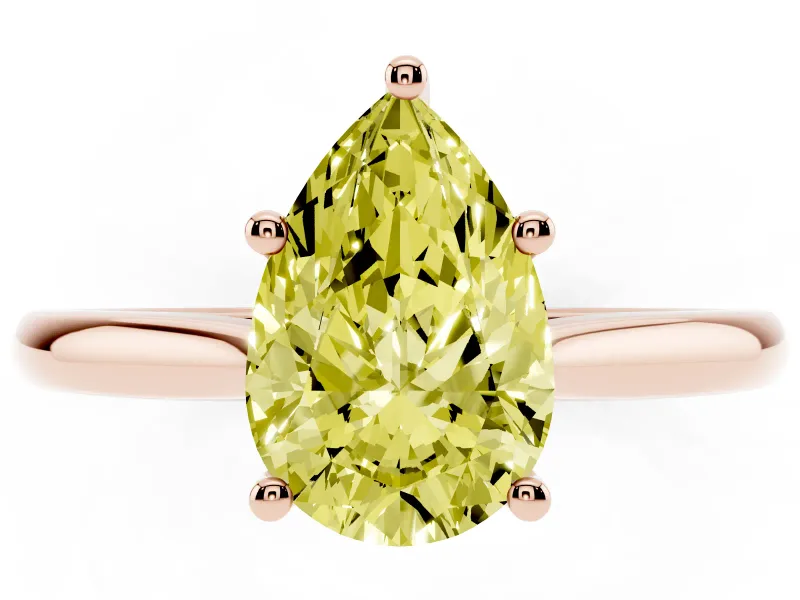 Fancy Yellow Pear Cut Diamond Solitaire Ring Set in Rose gold with Cathedral Band and Prong Setting