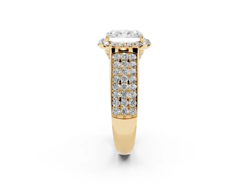 Radiant Cut Pavé Engagement Ring Setting | Wide Three-Row Band | Yellow Gold