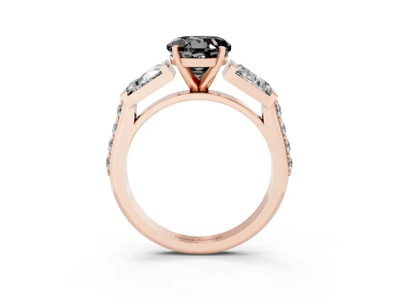 Fancy Black Round Cut Diamond Engagement Ring Set in Rose gold with Baguette Side Stones and Channel Set Band