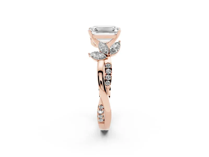 Emerald Cut Diamond Floral Vine Solitaire Engagement Ring Set in Rose gold with Marquise Leaves