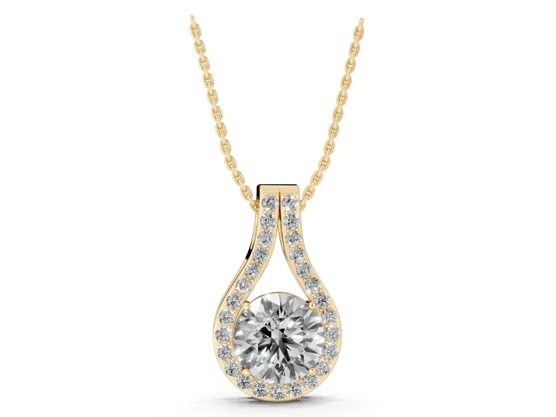 Round Lab-Grown Diamond Teardrop Halo Pendant Necklace | Pavé Split Bail | Yellow Gold